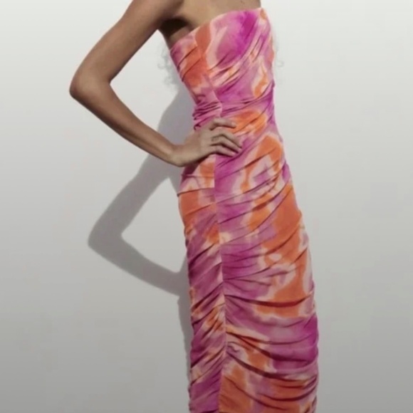 Zara Pink & Orange Printed Tulle Strapless Midi Dress – Size M | Worn Once - Picture 3 of 12